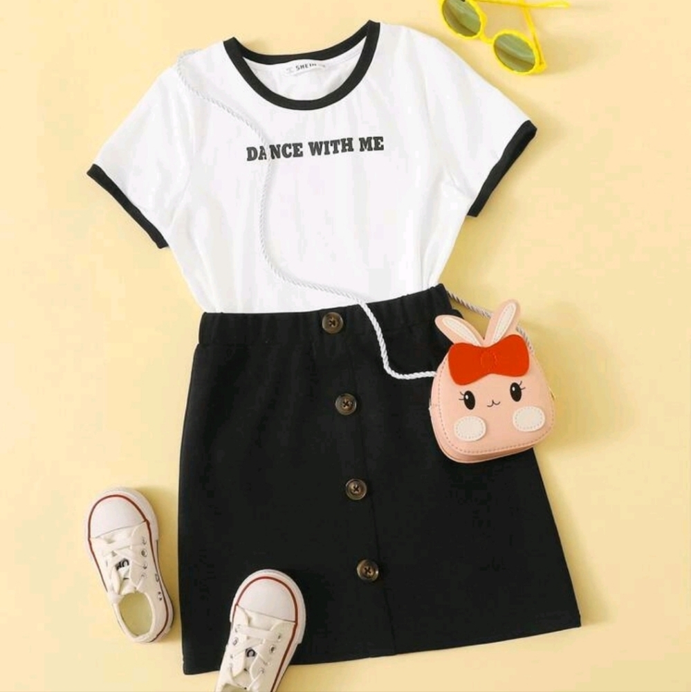 New Little Girls Letter Print Top and Buttoned Skirt Set